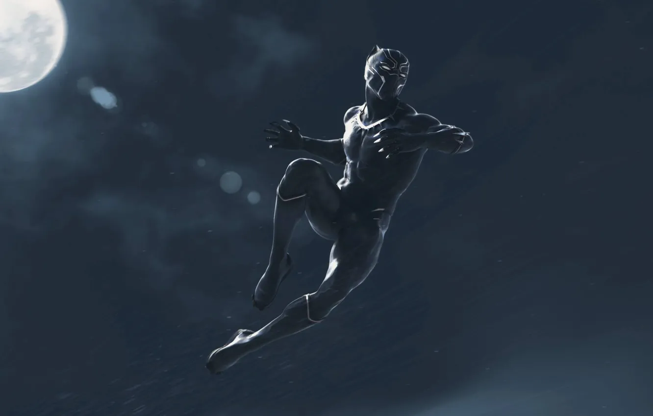 Photo wallpaper night, fiction, jump, the moon, black, art, costume, Black Panther