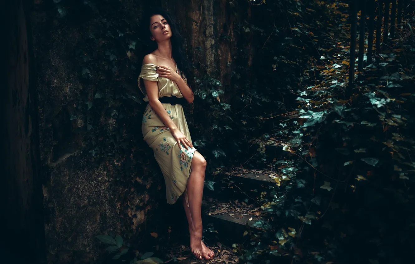 Photo wallpaper leaves, girl, pose, pattern, sweetheart, model, feelings, portrait