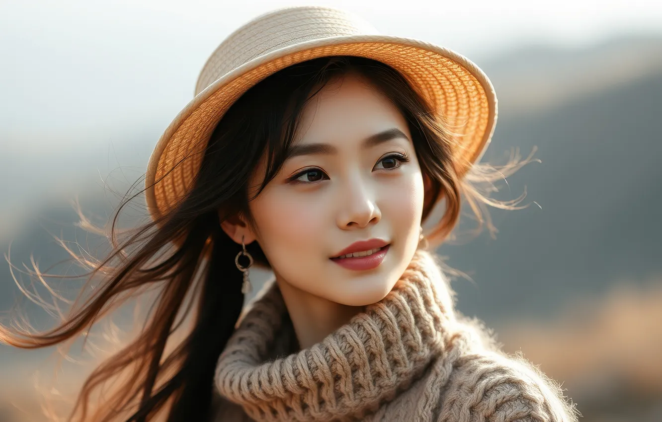 Photo wallpaper look, girl, face, portrait, makeup, Asian, AI art, nyeroset