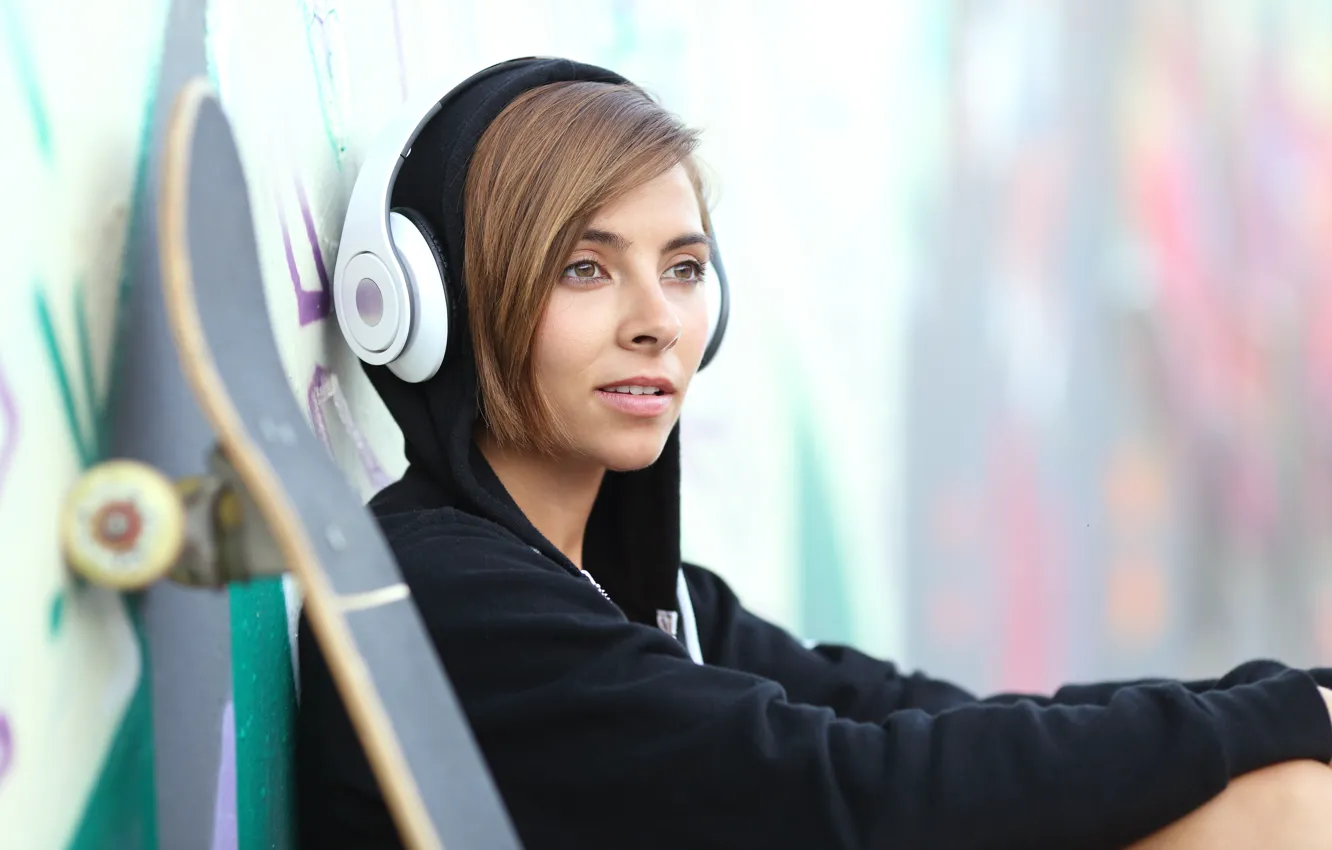 Photo wallpaper girl, pose, graffiti, model, portrait, makeup, headphones, hairstyle