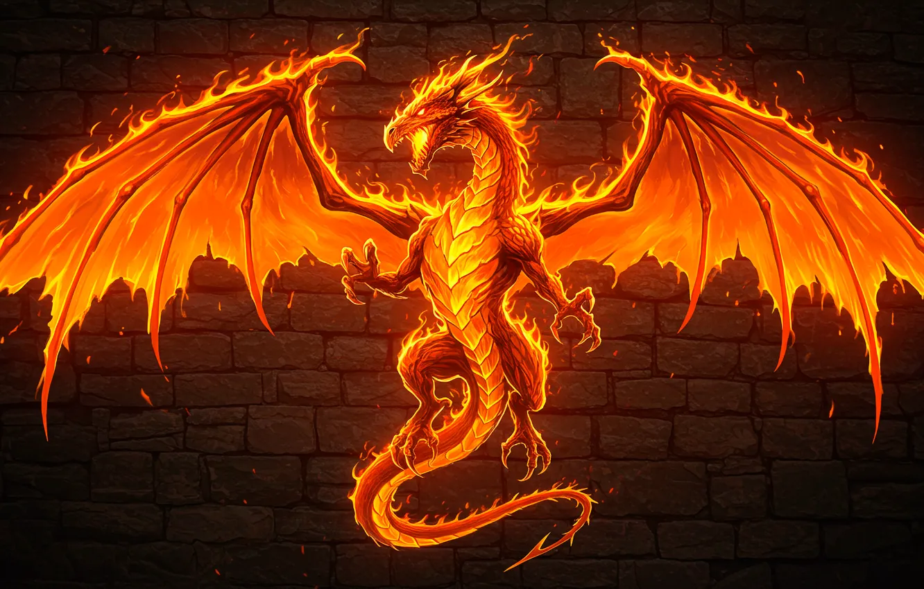 Photo wallpaper lights, wall, dragon, wings, art, fire, wall, art
