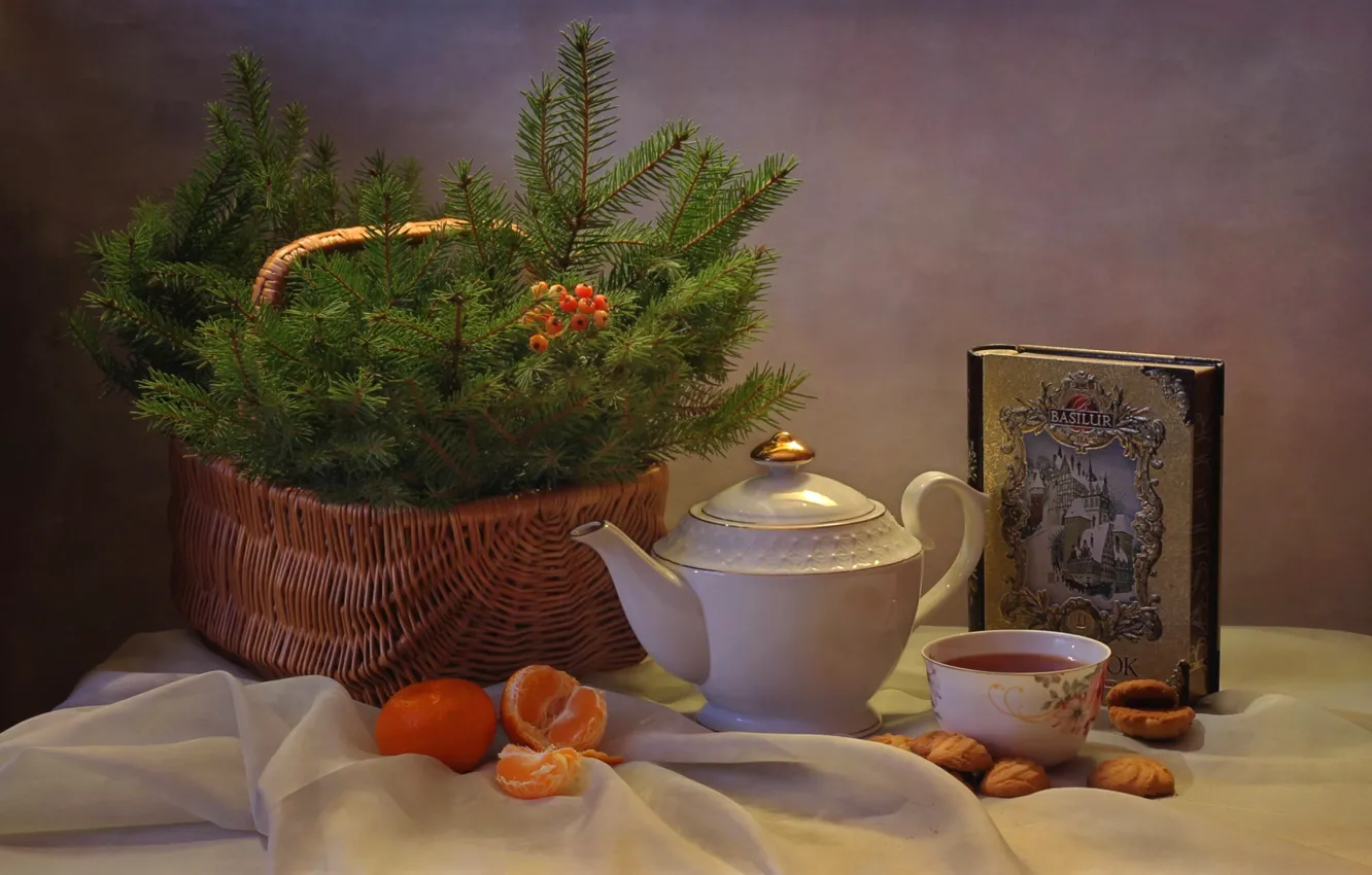 Photo wallpaper mood, tea, basket, tree, cookies, tangerines
