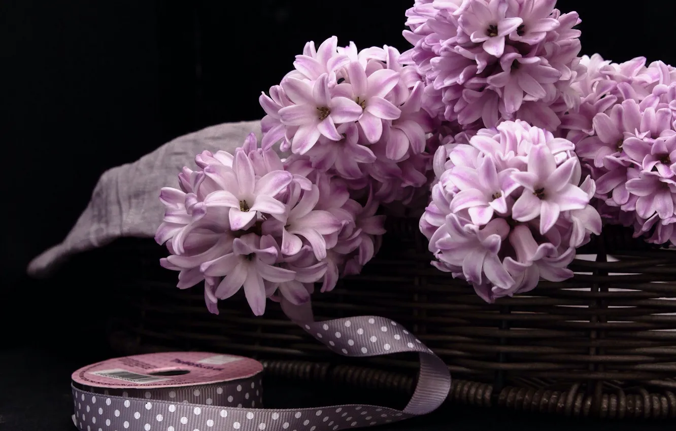 Photo wallpaper basket, braid, hyacinths