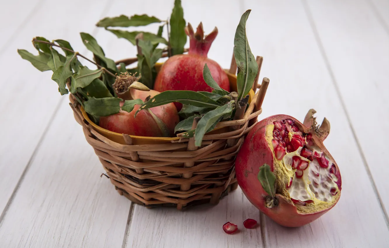 Photo wallpaper basket, pomegranate grains, garnet