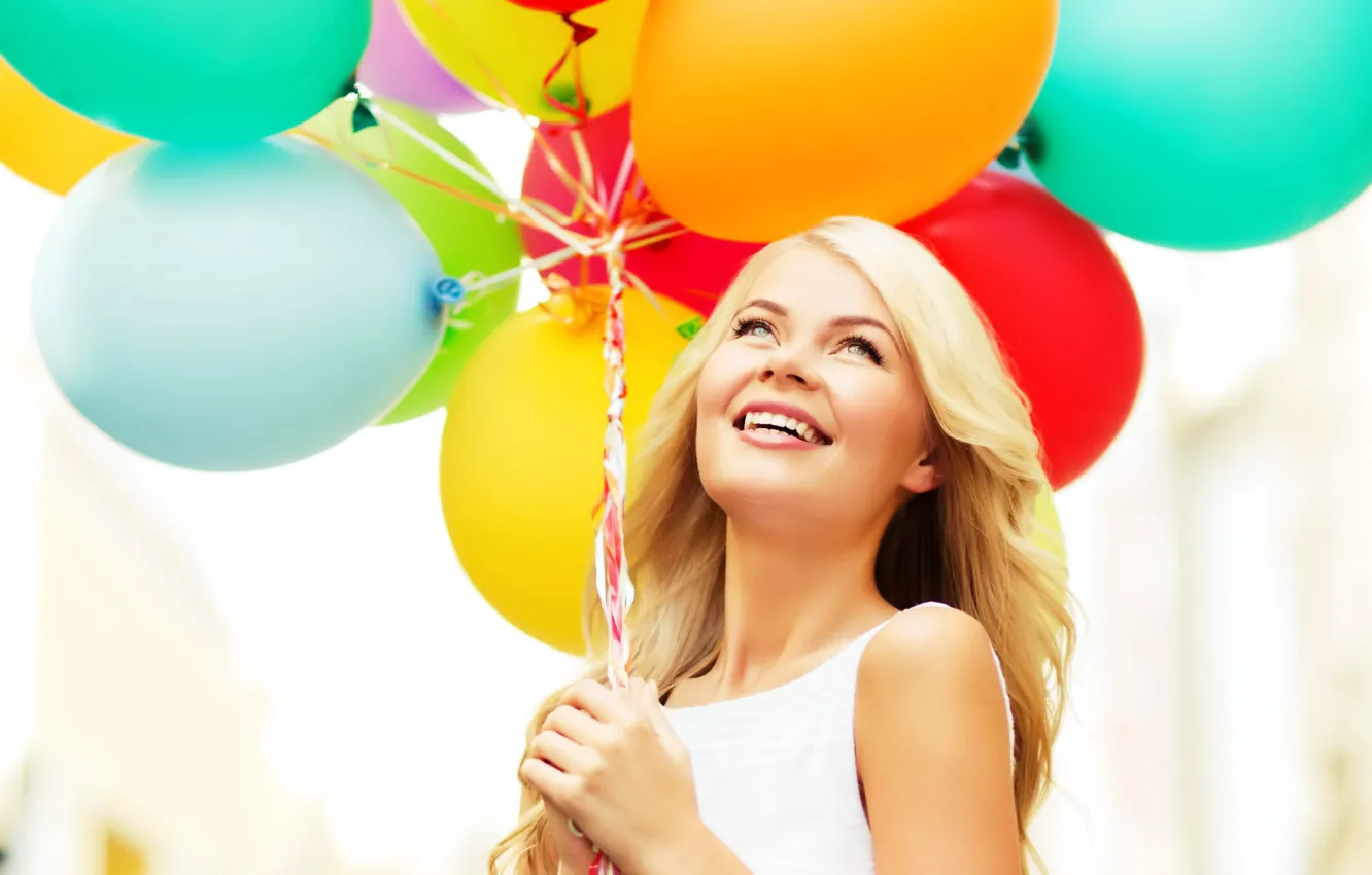 Photo wallpaper balls, joy, happiness, balloons, girl, happy, woman, smile