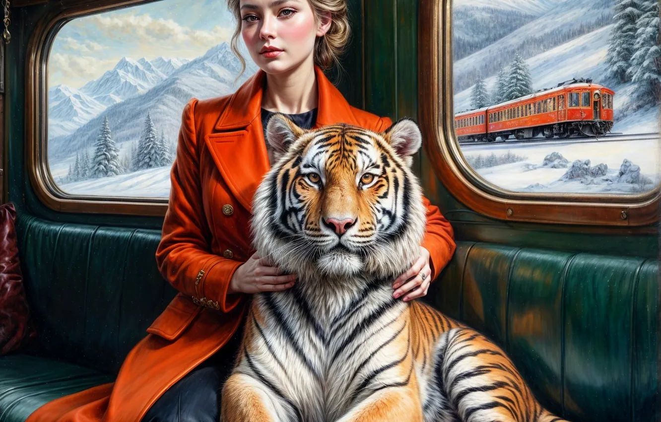 Photo wallpaper winter, girl, snow, tiger, train, seat, coat, AI art
