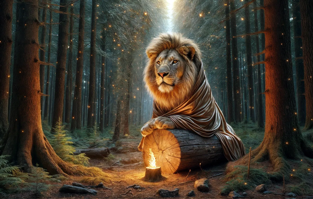 Photo wallpaper forest, lights, Leo, blanket, log, AI art, neural network