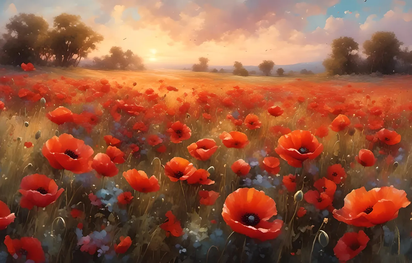 Photo wallpaper summer, clouds, trees, landscape, flowers, red, nature, figure