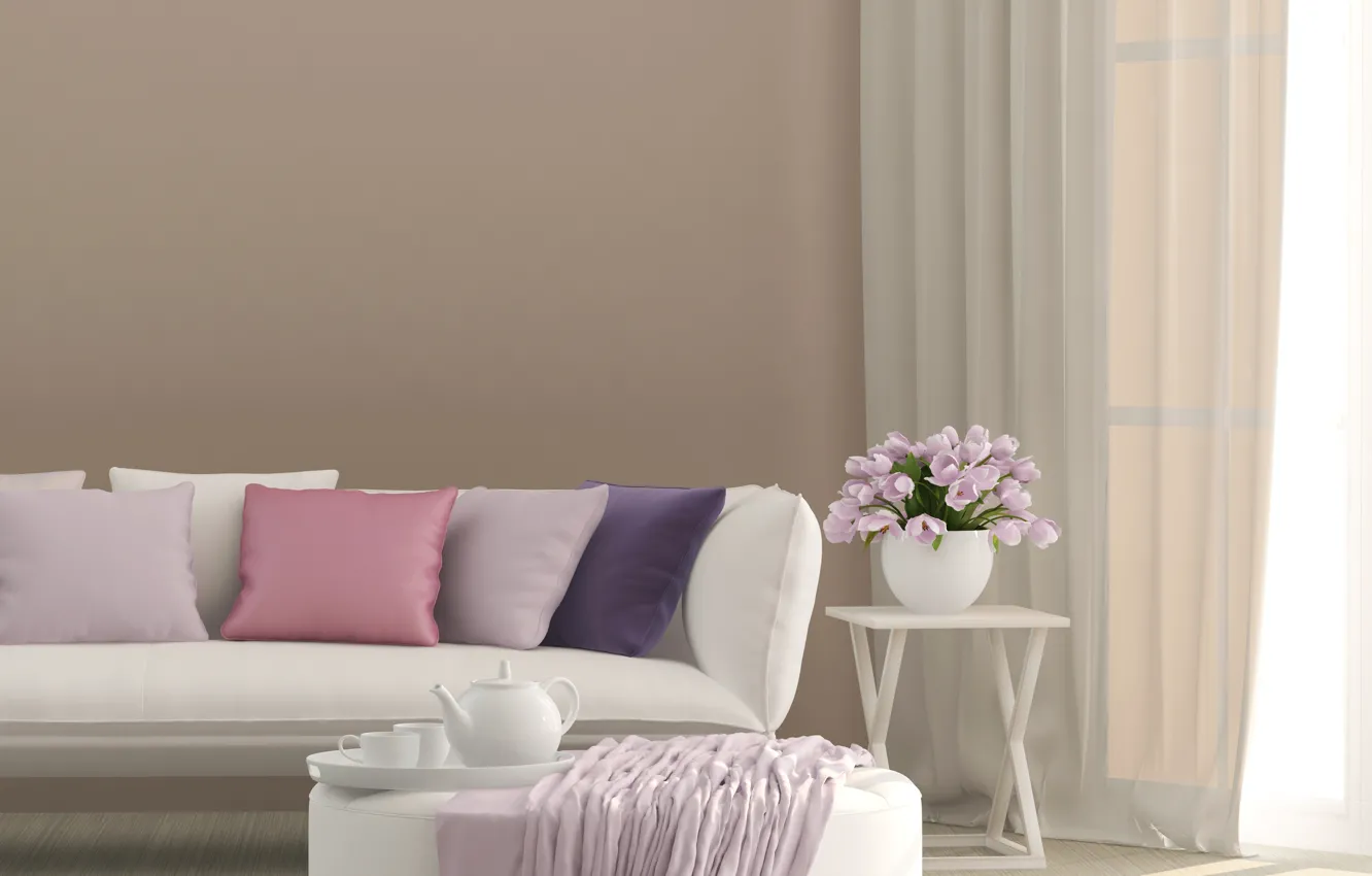 Photo wallpaper flowers, design, sofa, interior, pillow, vase, curtains, table