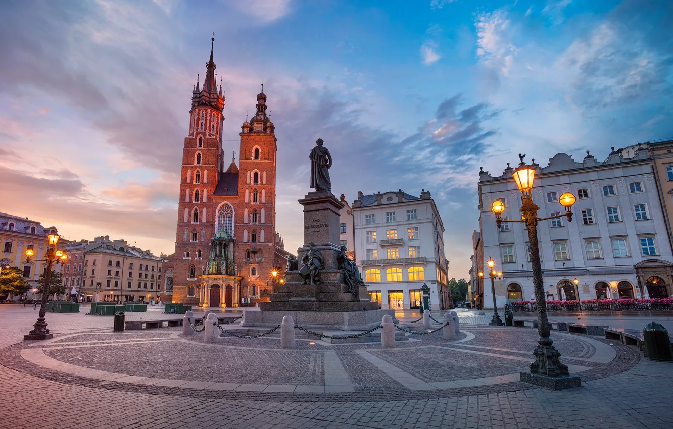 Photo wallpaper building, area, Poland, lights, monument, Poland, the Church, Krakow
