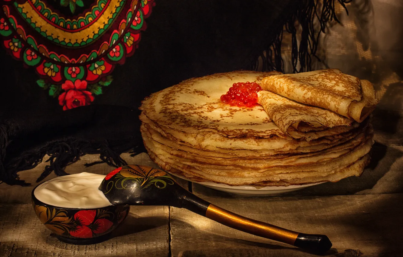 Photo wallpaper spoon, pancakes, caviar, sour cream, Carnival