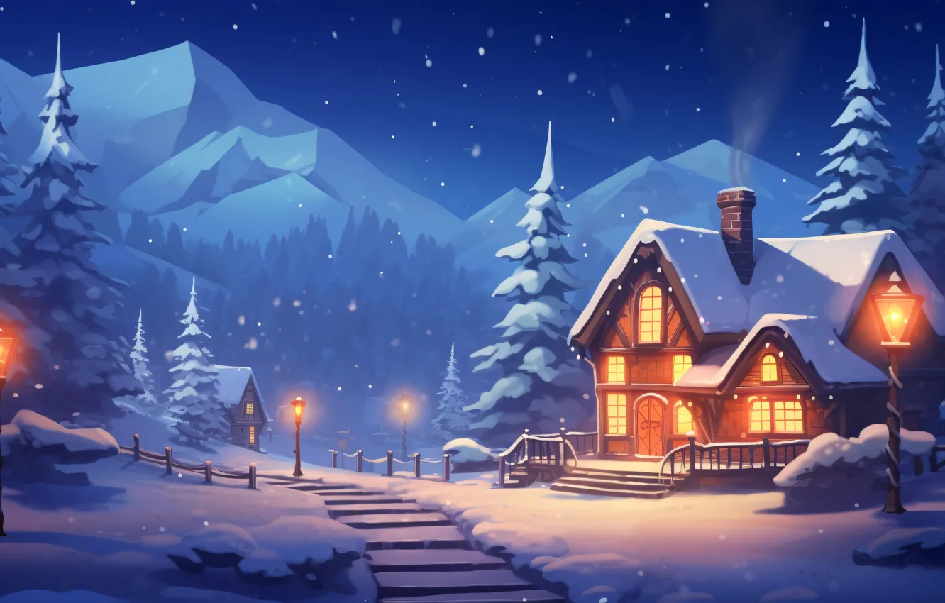 Photo wallpaper winter, snow, house, holiday, graphics, Christmas, hut, New year