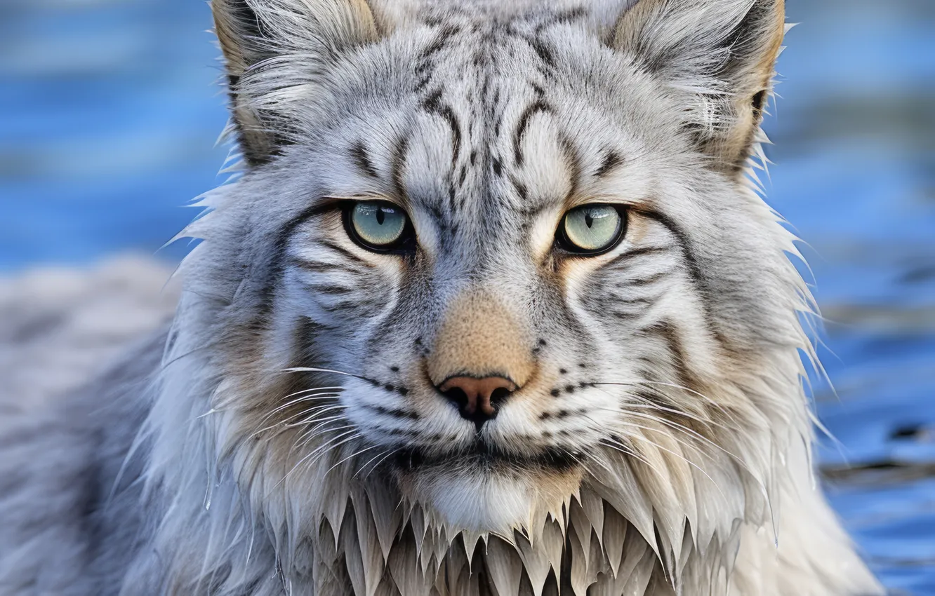 Photo wallpaper look, face, water, lynx, front, big cat, digital art, AI art