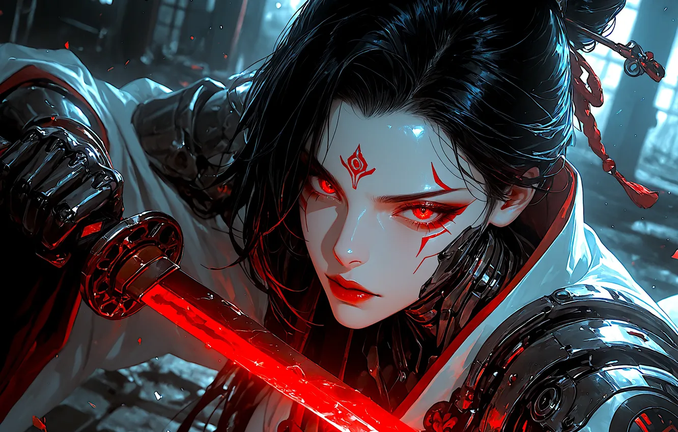 Photo wallpaper girl, sword, fantasy, armor, science fiction, red eyes, katana, sci-fi
