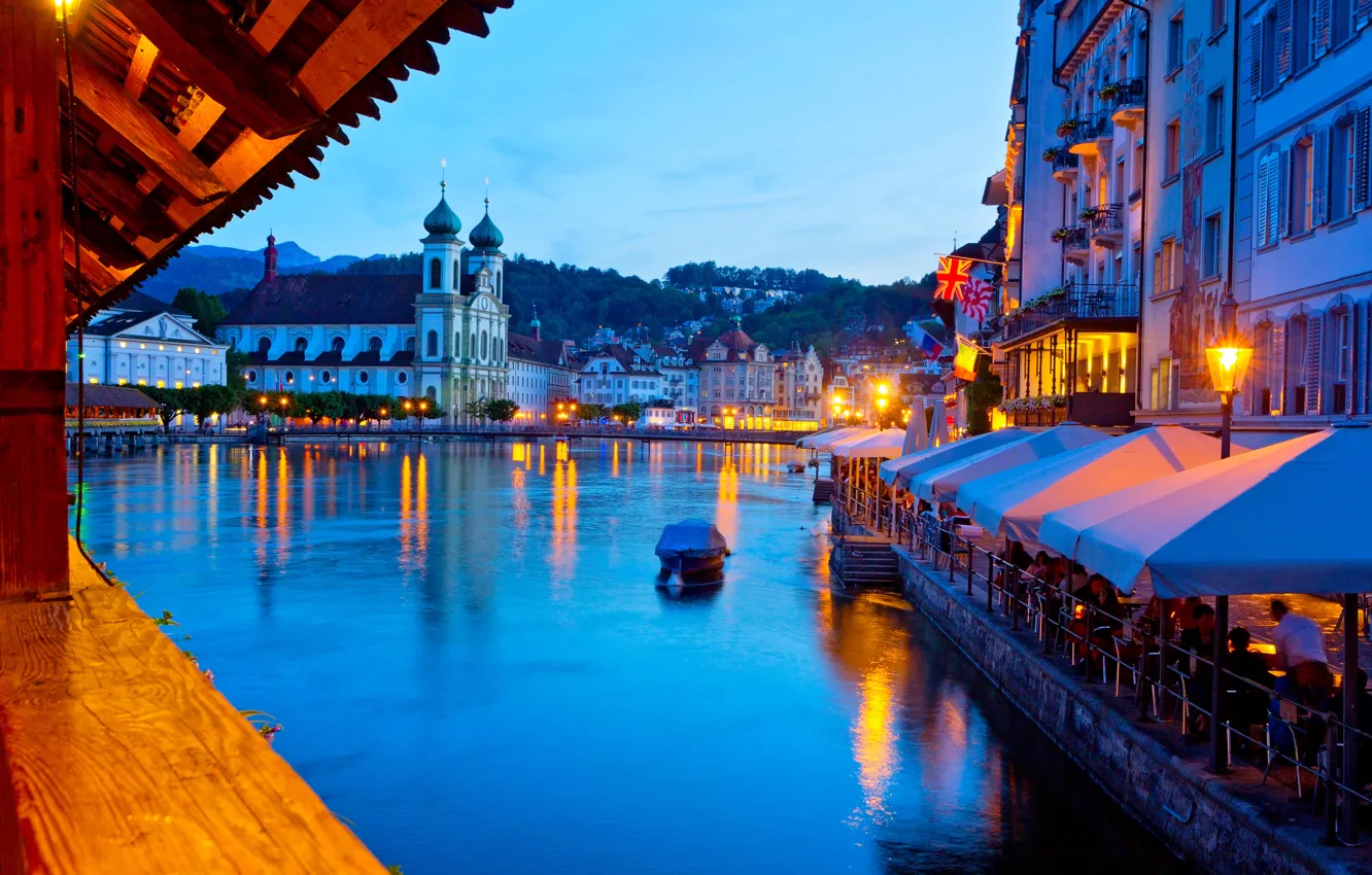 Photo wallpaper mountains, the city, river, home, the evening, Switzerland, lighting, Church