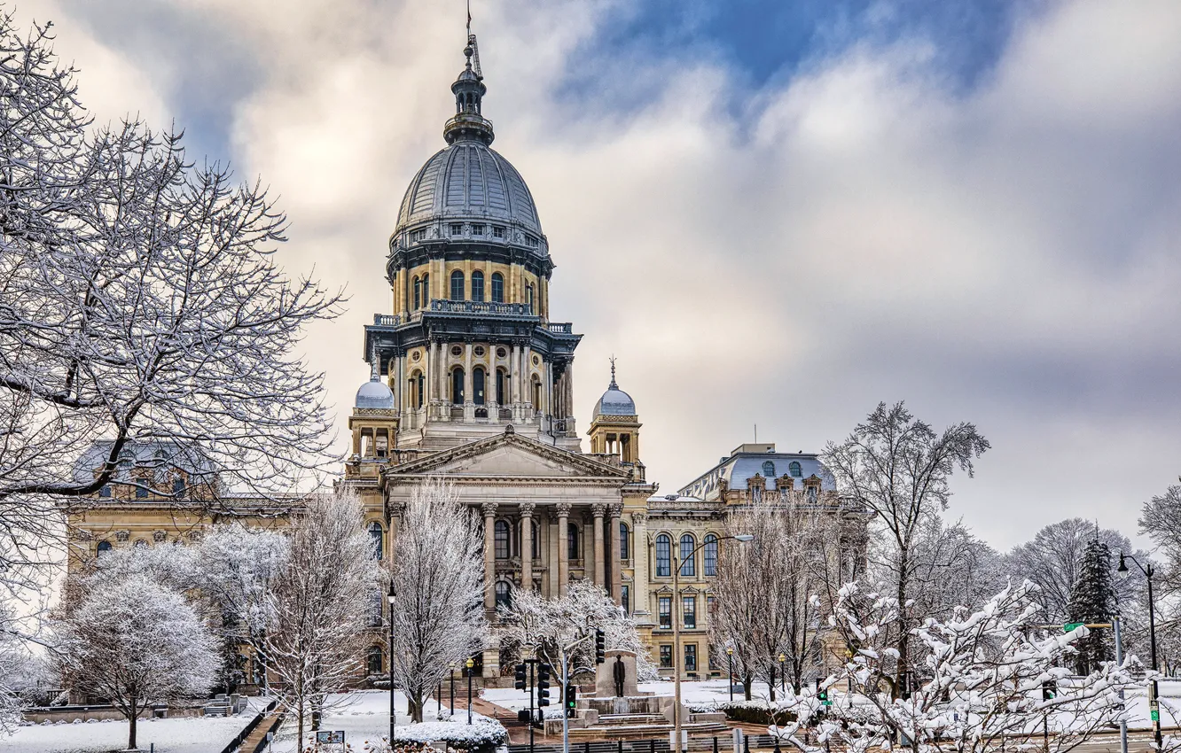 Photo wallpaper winter, trees, building, USA, Illinois, Springfield, State Capitol