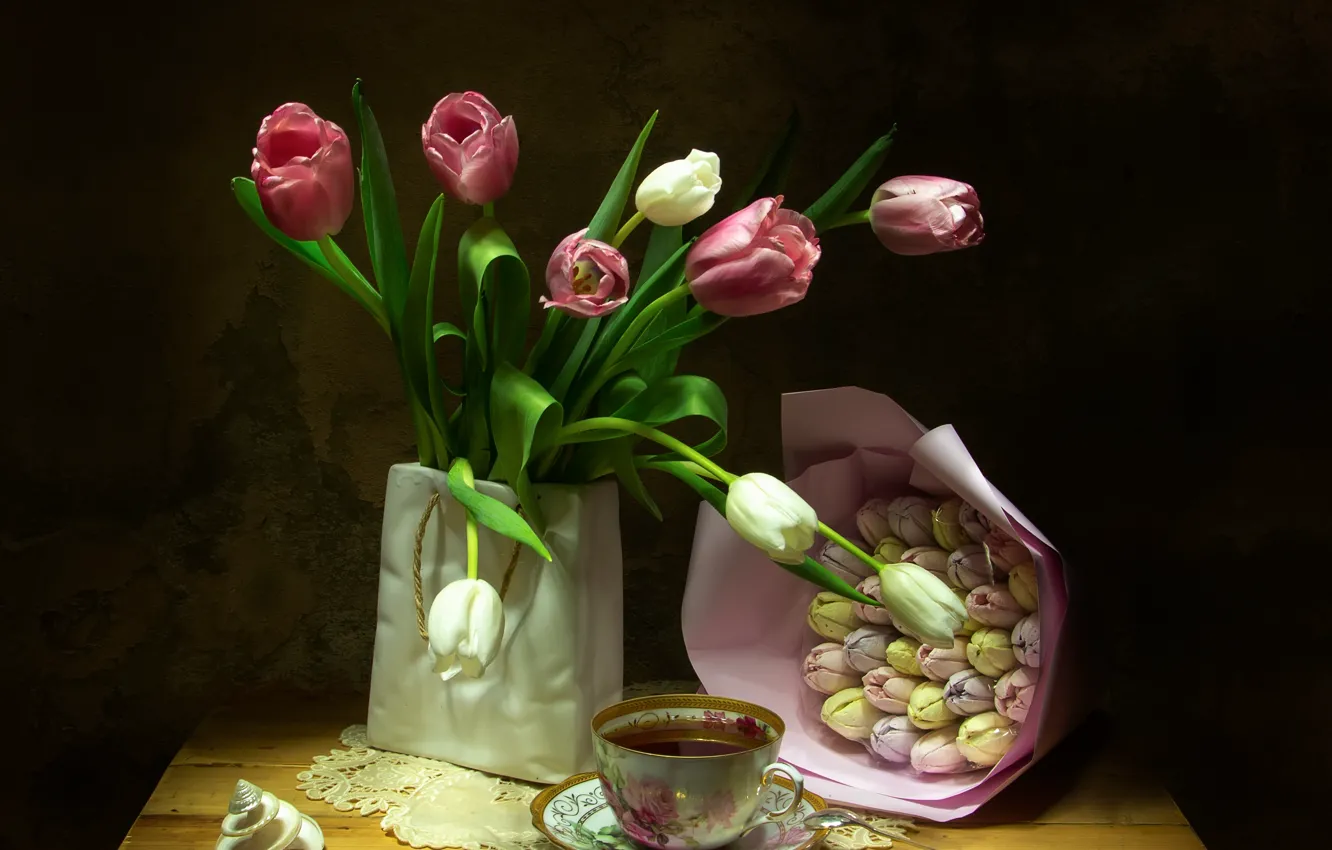Photo wallpaper flowers, holiday, tea, bouquet, Cup, tulips, vase, table