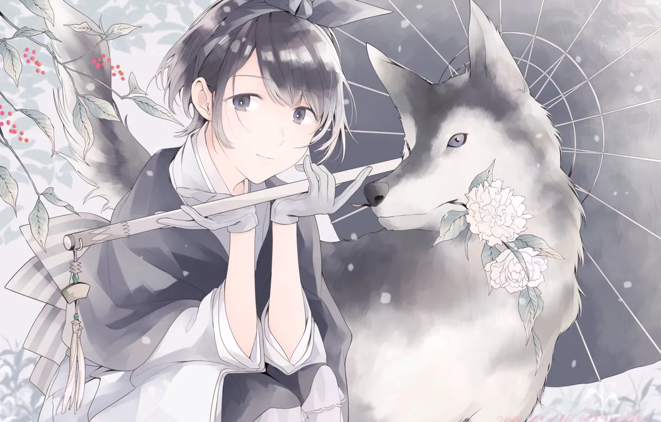 Photo wallpaper girl, flowers, wolf, umbrella
