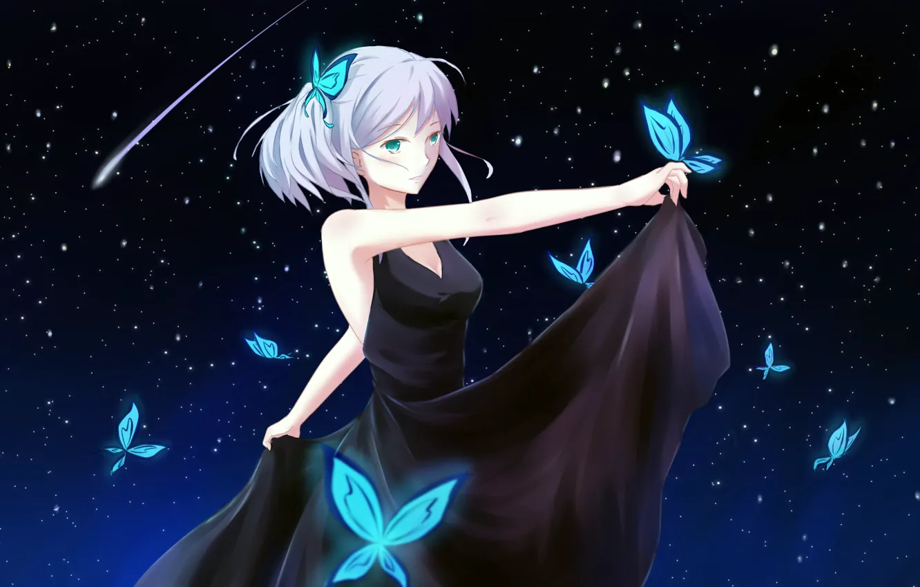 Photo wallpaper the sky, girl, stars, night, butterfly, anime, art, caeruleus