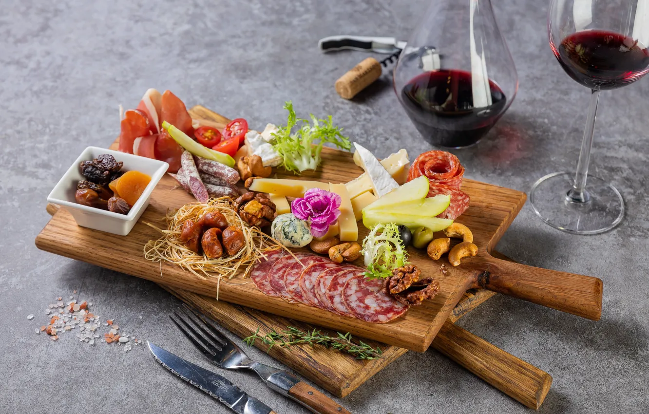 Photo wallpaper wine, glass, cheese, nuts, vegetables, sausage, appetizer, cuts
