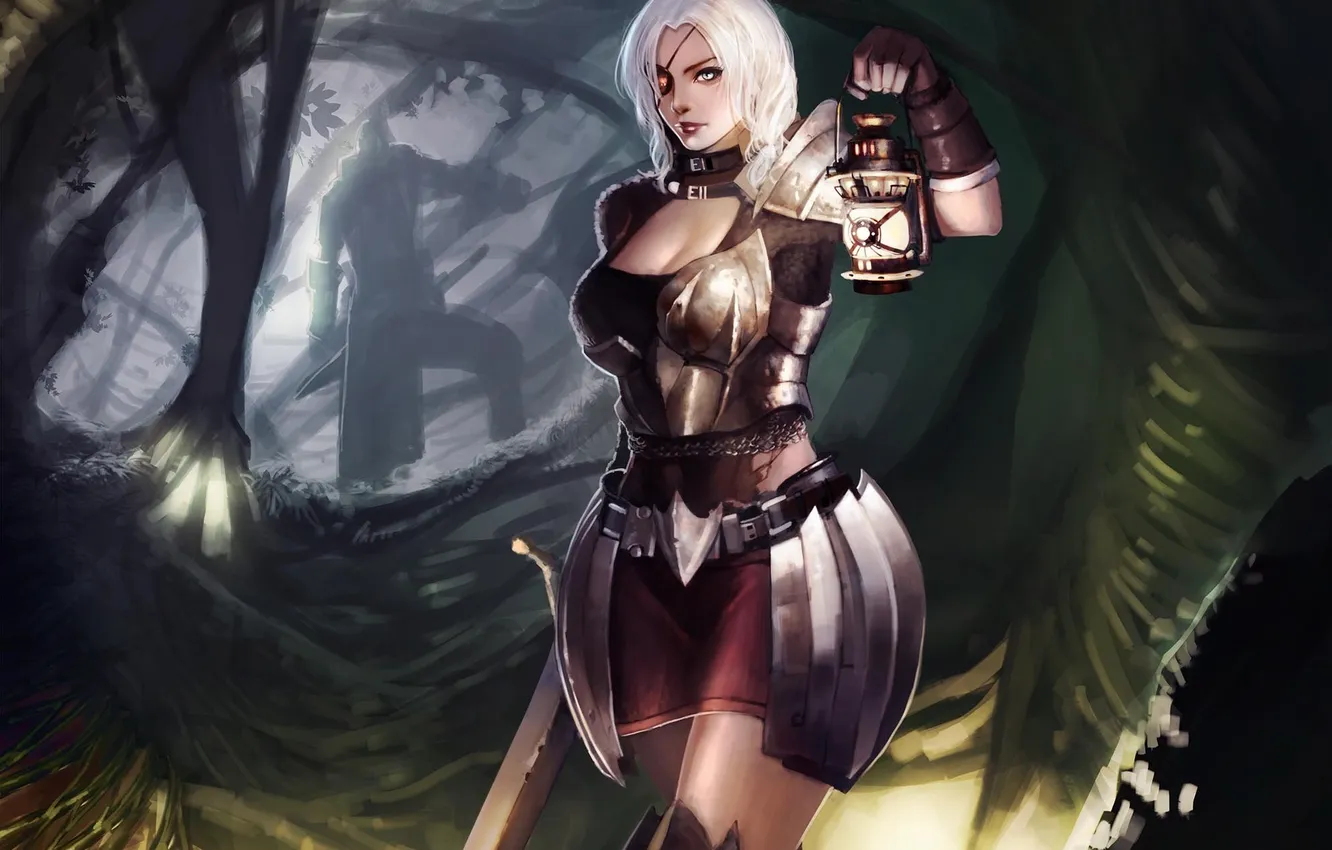 Photo wallpaper girl, art, lights, cave