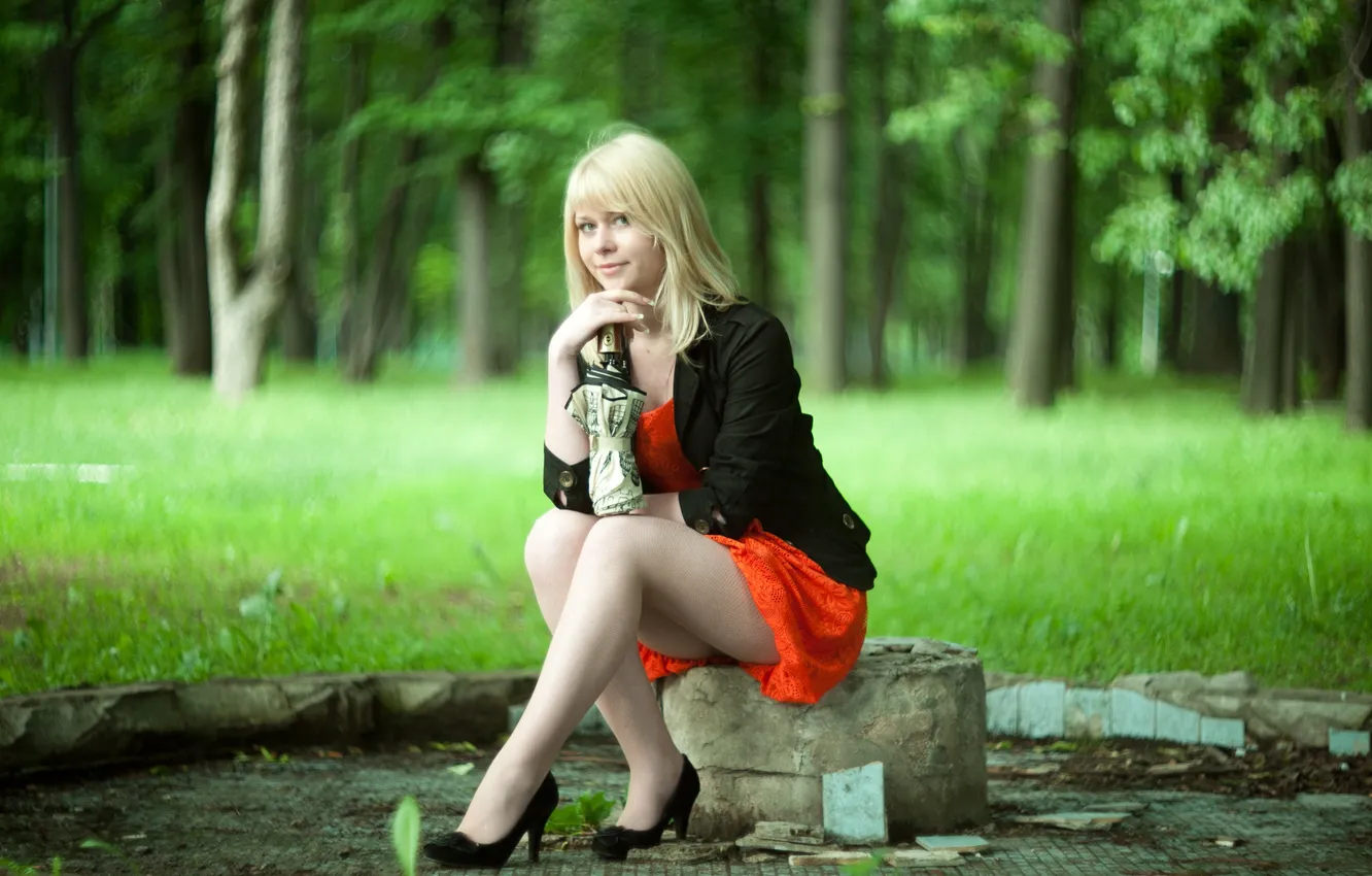 Photo wallpaper girl, shoes, beautiful, sitting, Blondinka, in a skirt
