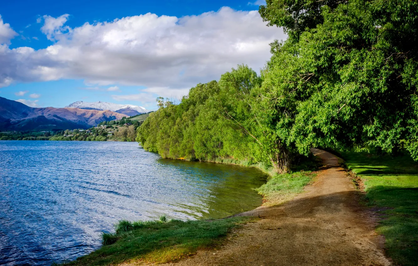 Photo wallpaper road, the sky, trees, mountains, lake, hdr
