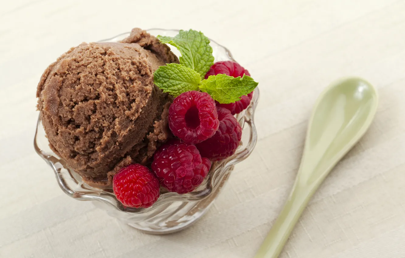 Photo wallpaper raspberry, spoon, ice cream, bowl