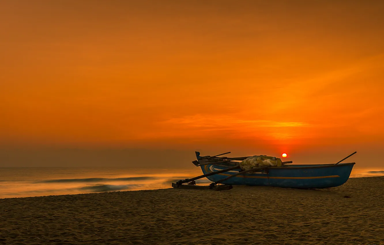 Photo wallpaper sea, sunset, shore, boat, Sri Lanka, Batticaloa