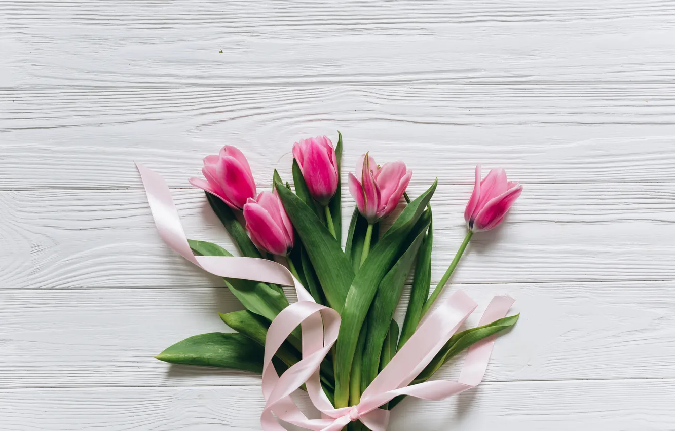 Photo wallpaper flowers, bouquet, tape, tulips, love, pink, fresh, wood