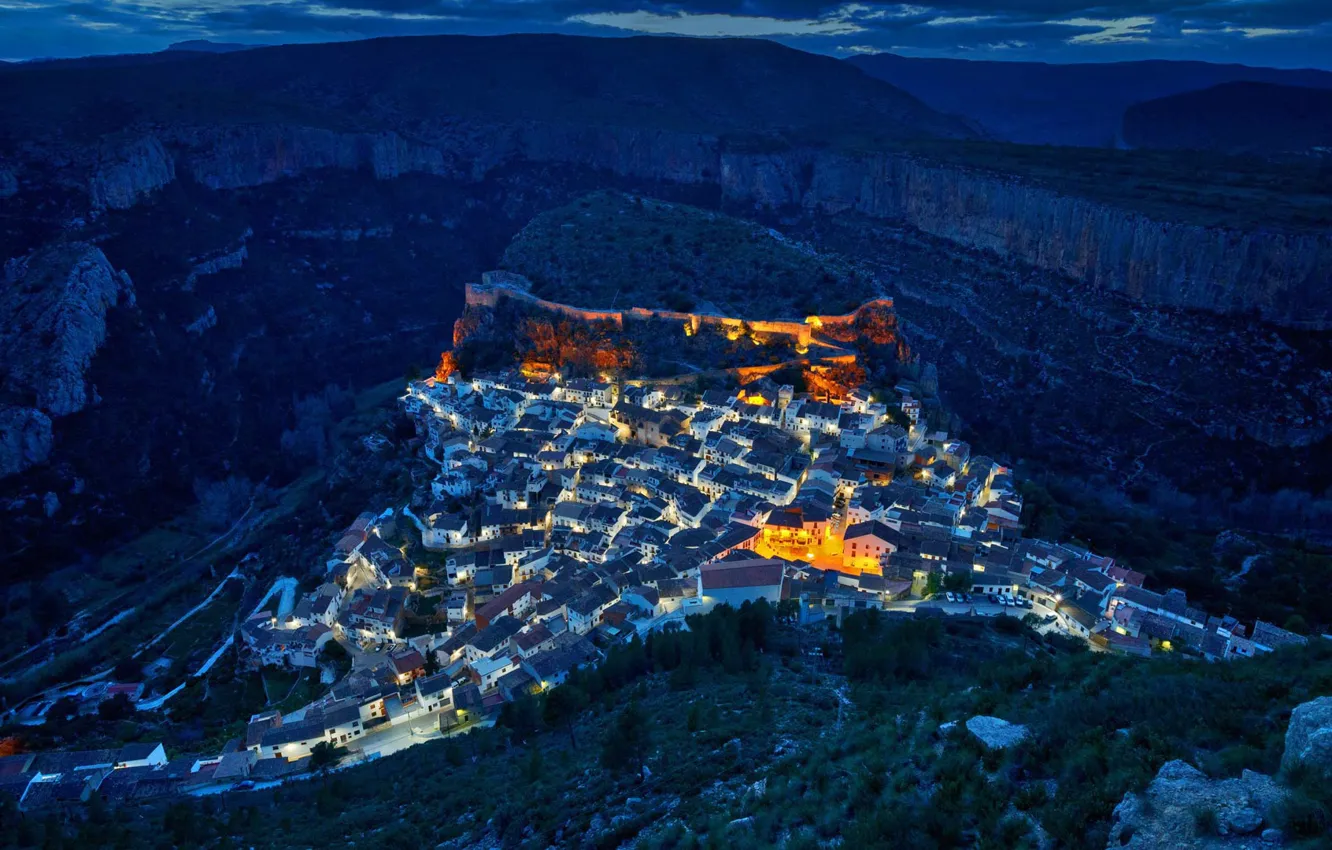 Photo wallpaper landscape, mountains, night, lights, rocks, home, Spain, Chulilla