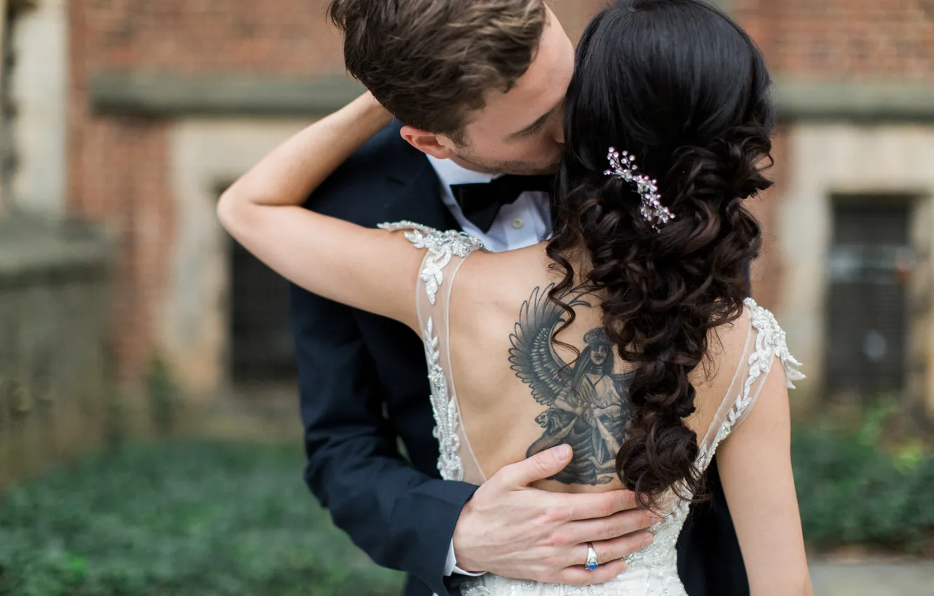 Photo wallpaper girl, kiss, tattoo, tattoo, the bride, hairstyles, the groom