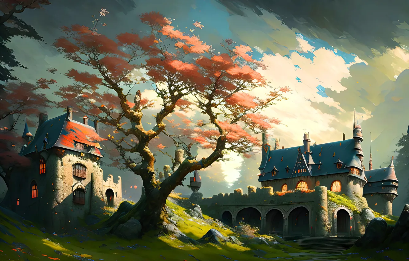 Photo wallpaper autumn, the sky, clouds, light, trees, landscape, branches, nature