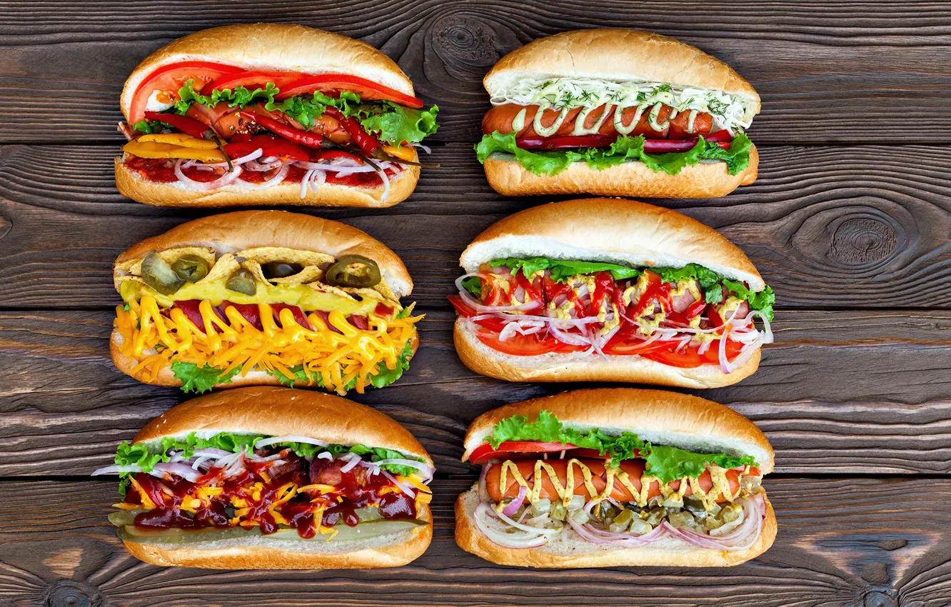 Photo wallpaper sausage, pepper, tomatoes, sauce, cucumbers, buns, hot dog