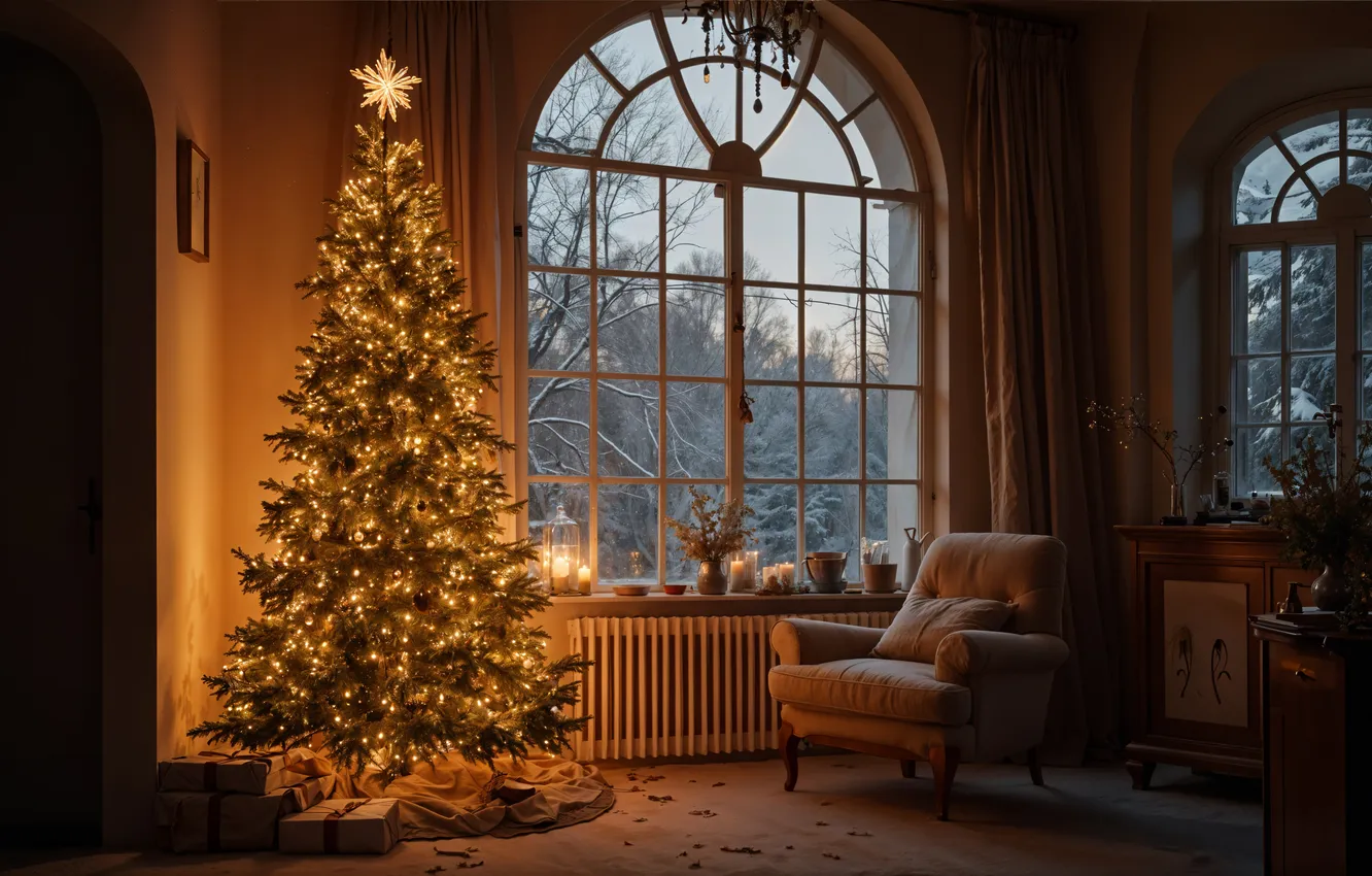 Photo wallpaper room, tree, new year, interior, Christmas, Christmas, view, tree