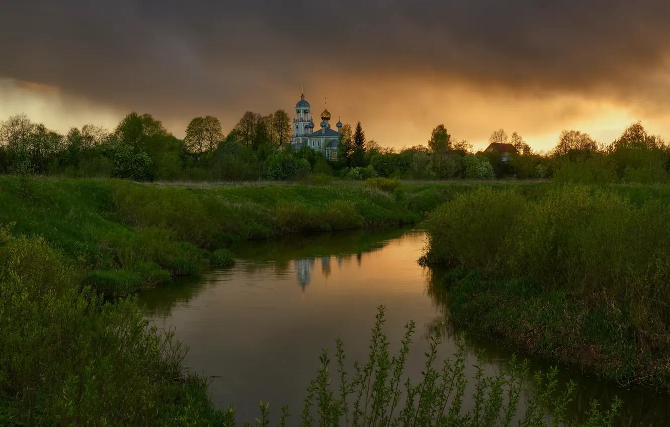 Photo wallpaper landscape, clouds, nature, Church, temple, grass, river, Maxim Evdokimov