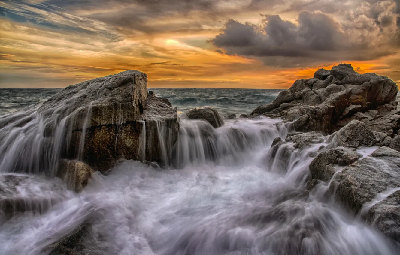 Photo wallpaper sea, wave, the sky, squirt, clouds, storm, stones, rocks