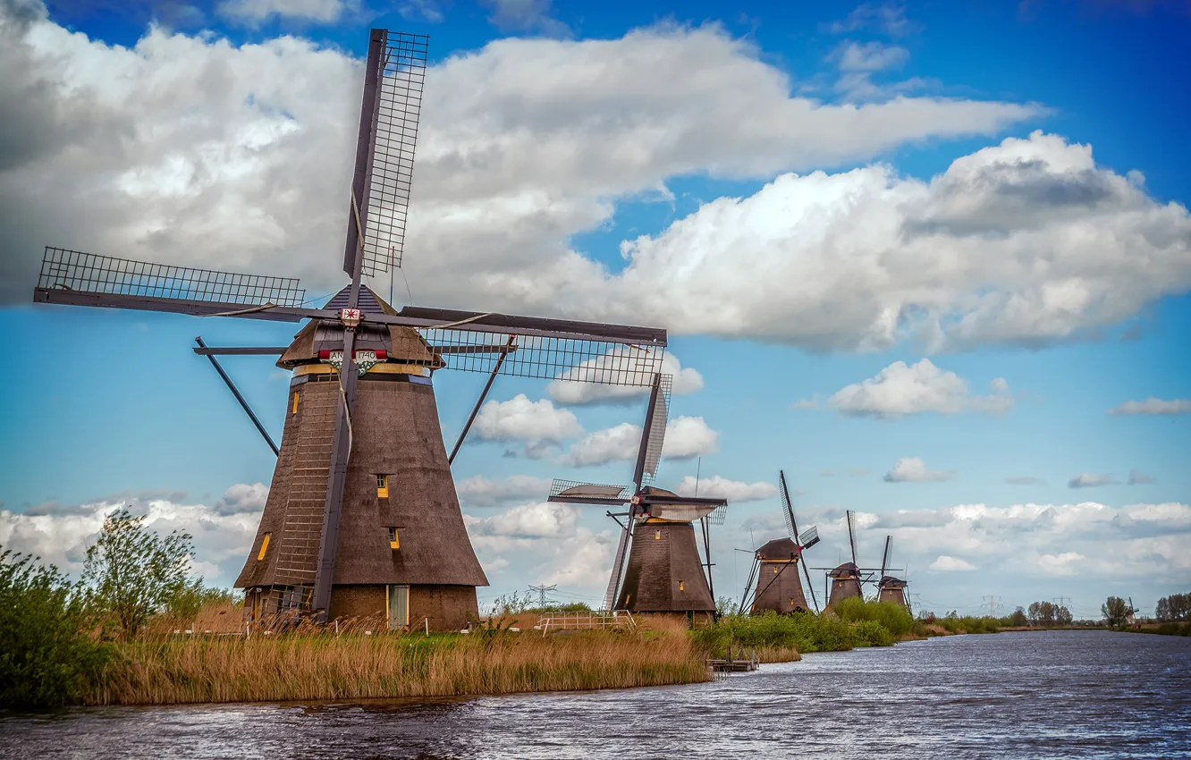 Photo wallpaper water, clouds, mill, Netherlands, Kinderdijk