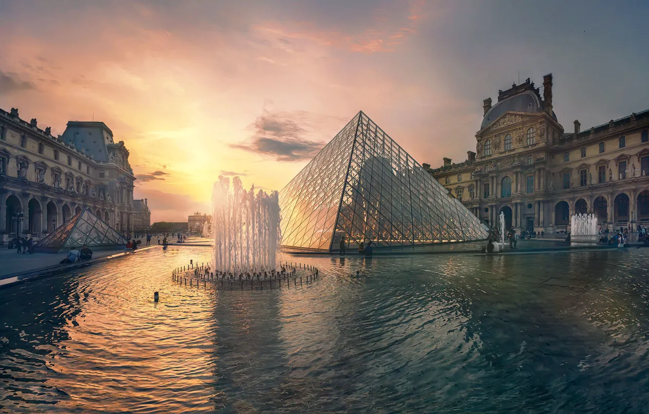 Photo wallpaper The Louvre, France, Paris, Museum, fountain
