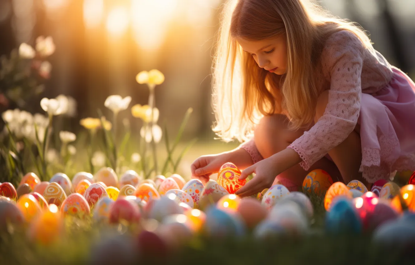 Photo wallpaper flowers, holiday, eggs, spring, Easter, girl, painted, eggs