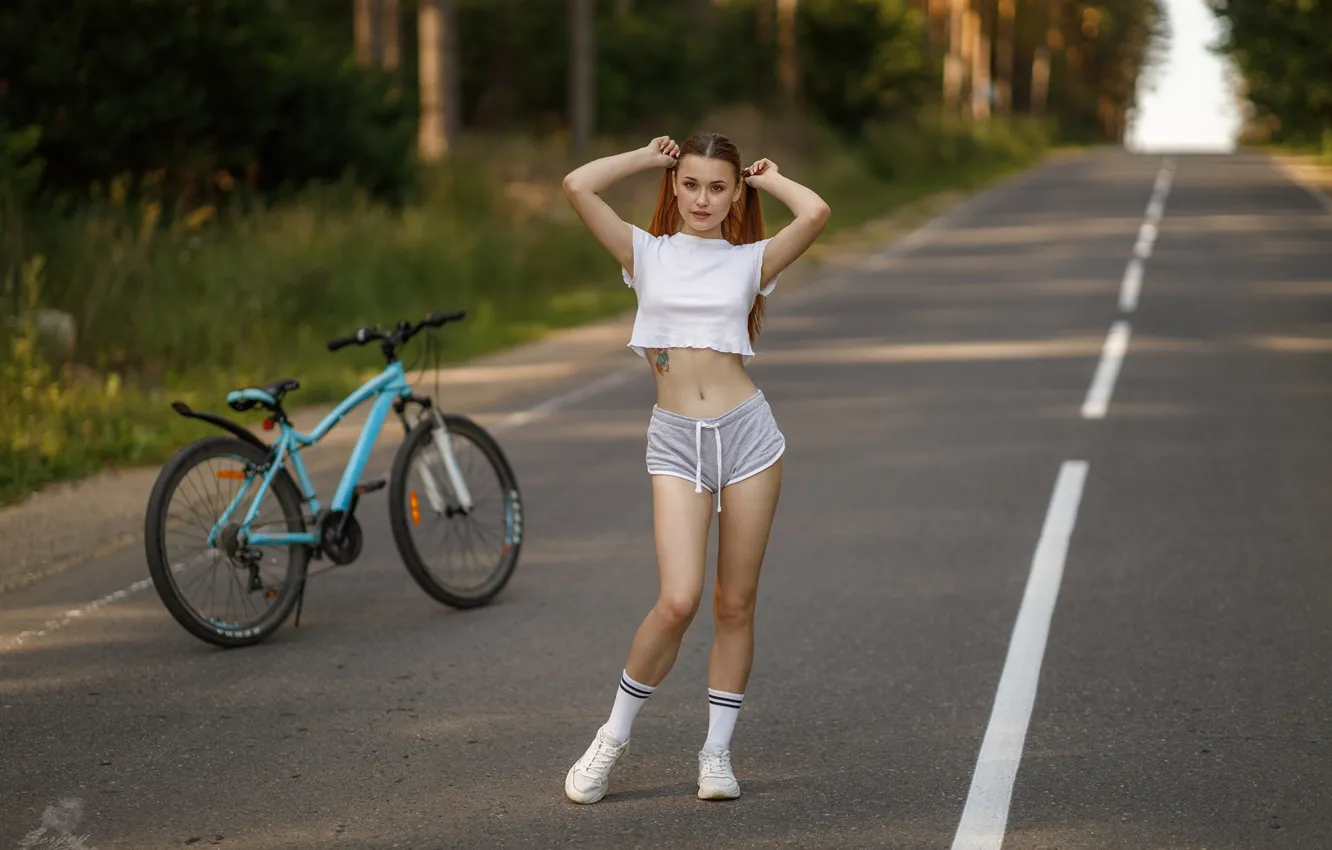 Photo wallpaper bicycle, road, shorts, trees, nature, model, tattoo, women