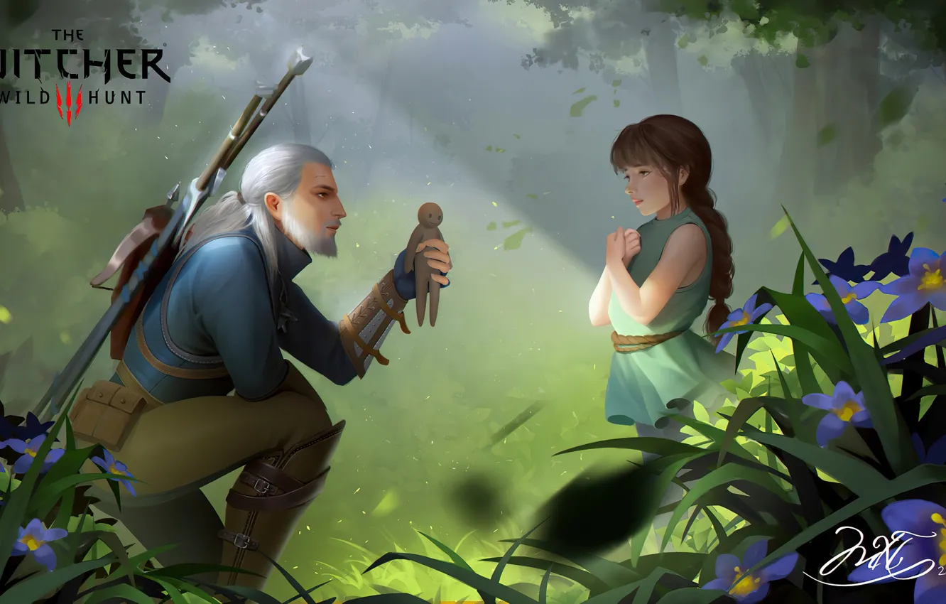 Photo wallpaper forest, flowers, doll, girl, little girl, Geralt of Rivia, The Witcher 3: Wild Hunt