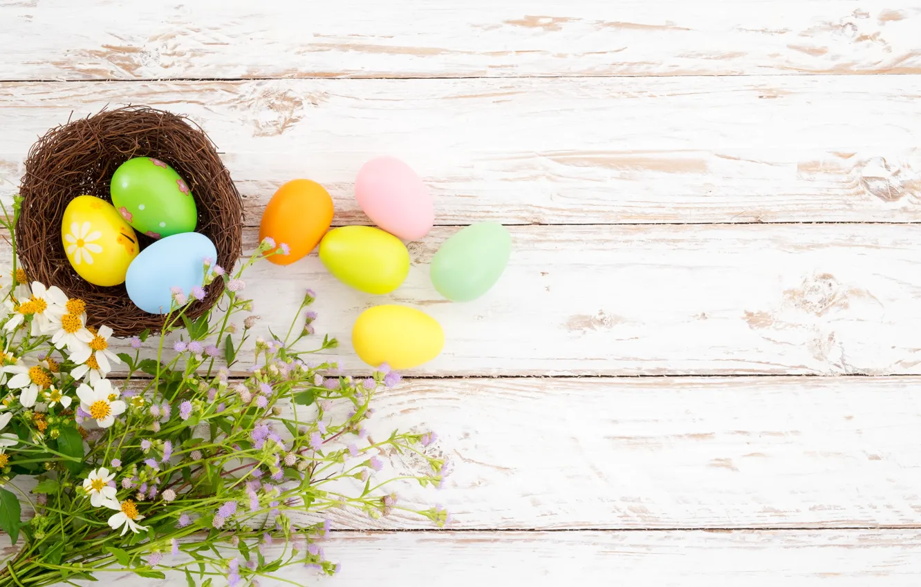 Photo wallpaper flowers, basket, eggs, spring, colorful, Easter, wood, flowers