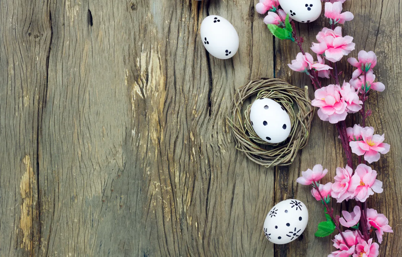 Photo wallpaper flowers, basket, eggs, spring, Easter, pink, wood, pink