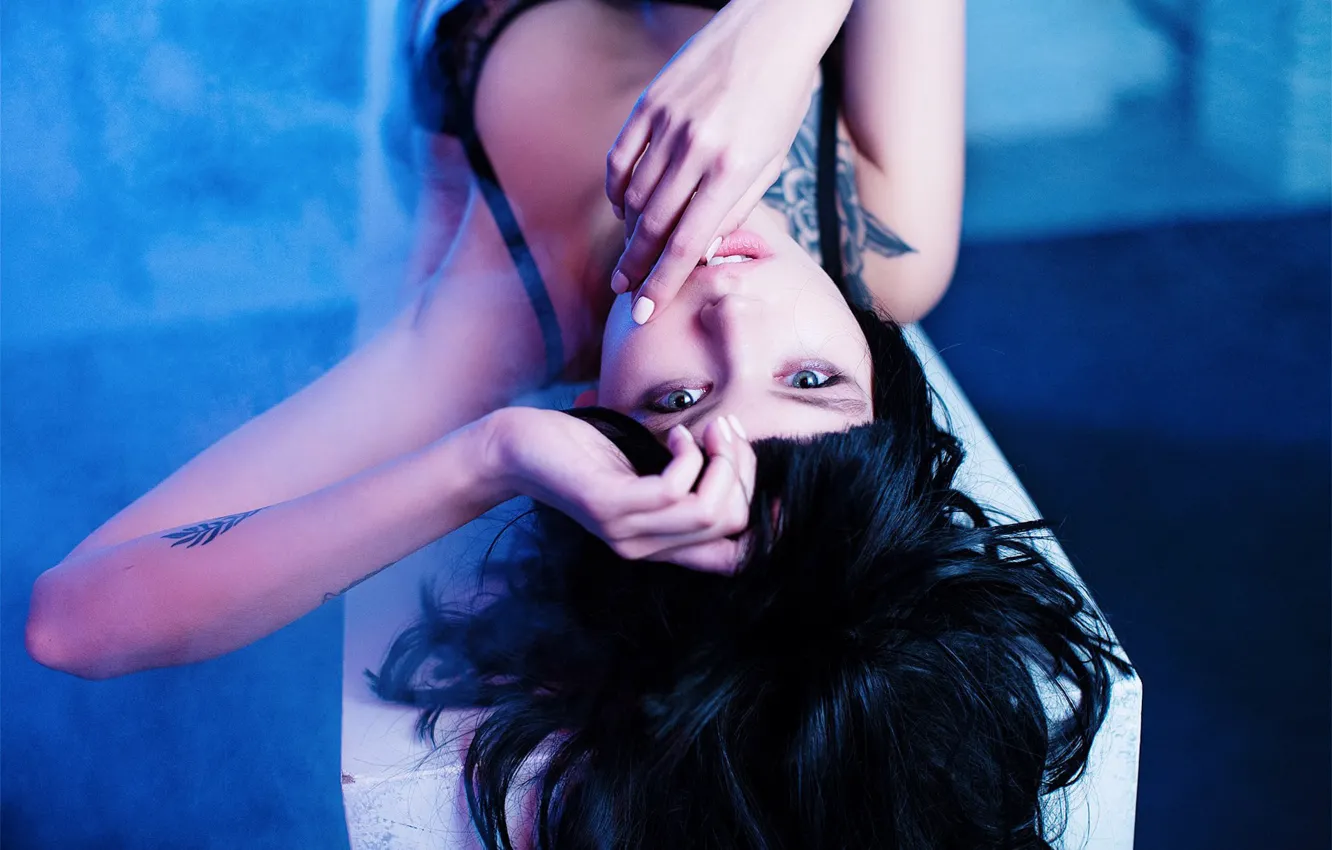 Photo wallpaper look, girl, face, model, hair, hands, brunette, wig