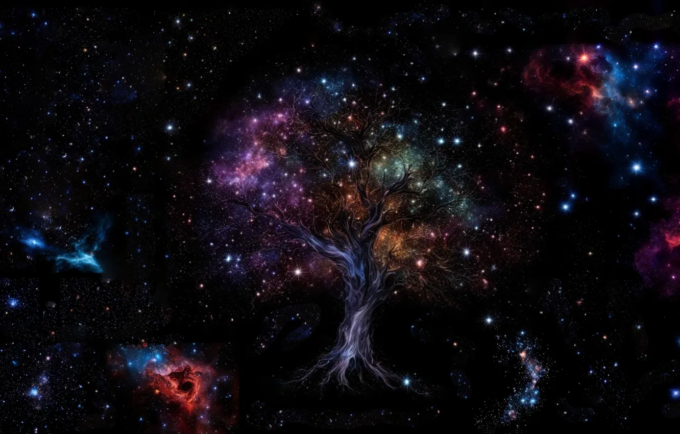 Photo wallpaper space, stars, trees, nebula, nature, fiction, the universe, fantasy