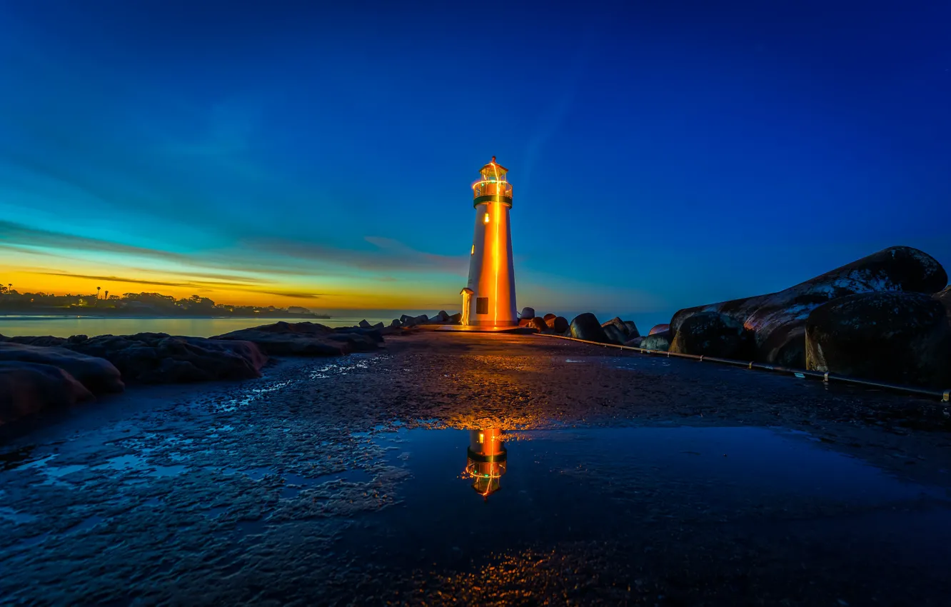Photo wallpaper sea, sunset, stones, lighthouse, CA, California, Santa Cruz, Santa Cruz