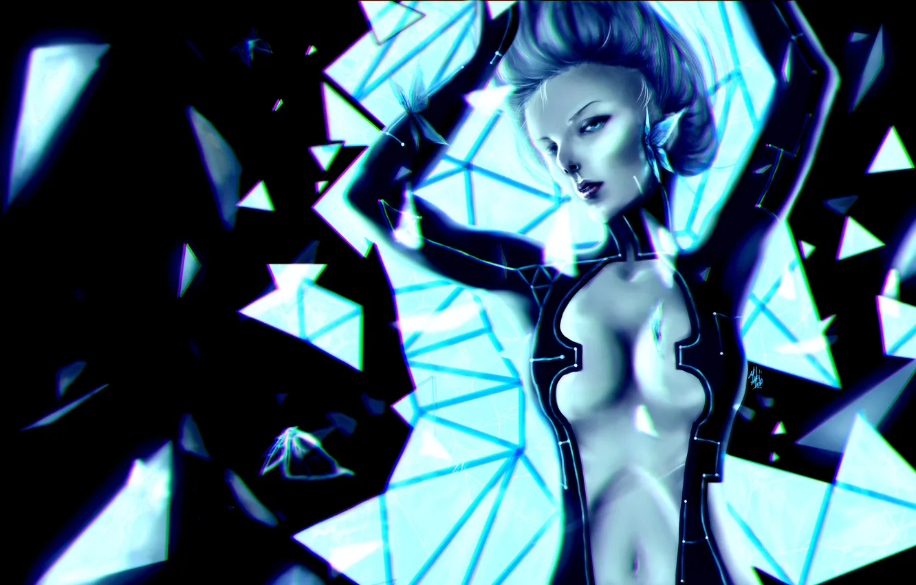 Photo wallpaper girl, fragments, butterfly, neon, costume