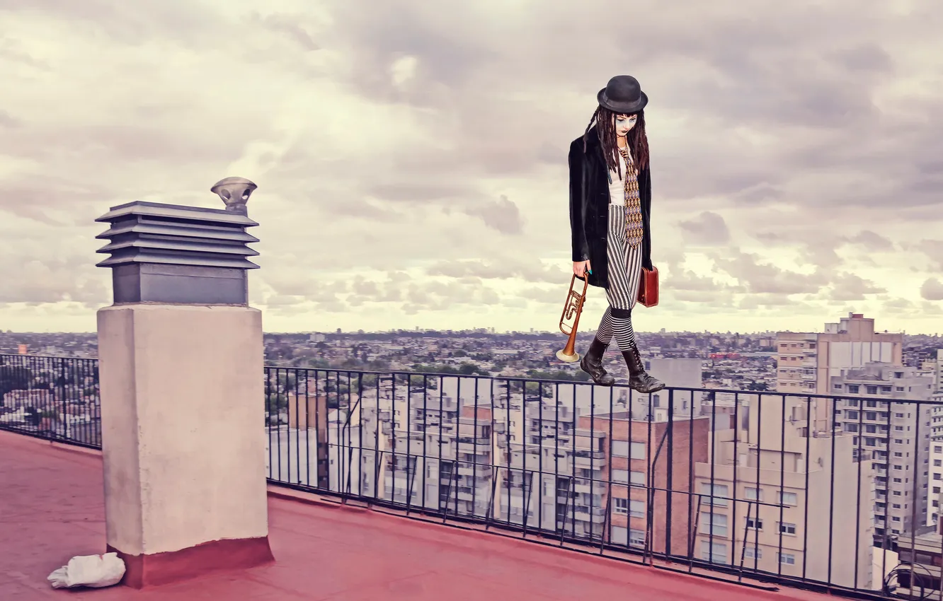 Photo wallpaper roof, girl, the city, MIM, makeup, on the verge