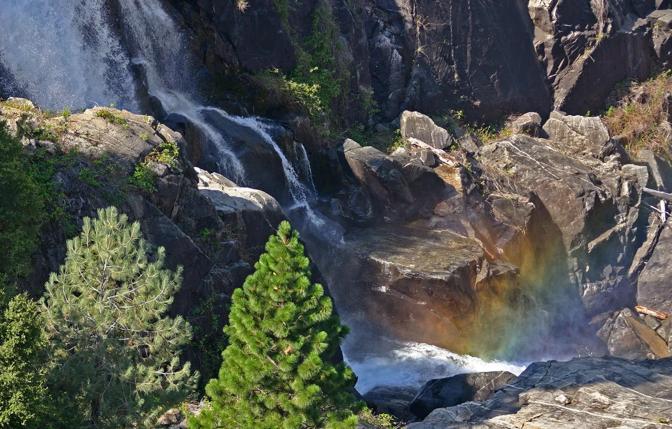 Photo wallpaper trees, mountains, photo, waterfall, rainbow